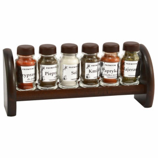 Przyprawniki  6 elementów na półce brązowe nakrętki mix